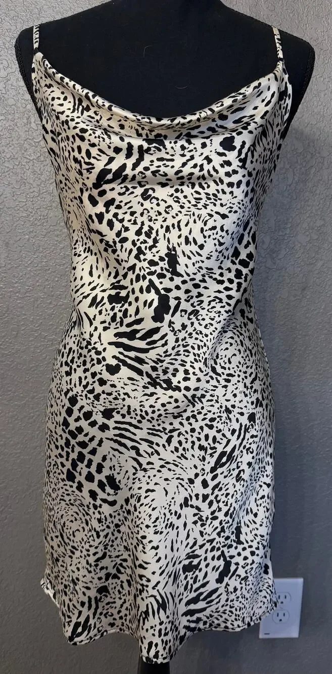 Timing Womens Sz M Animal Print Drape Neck Satin Feel Slip Midi Dress - Picture 1 of 7